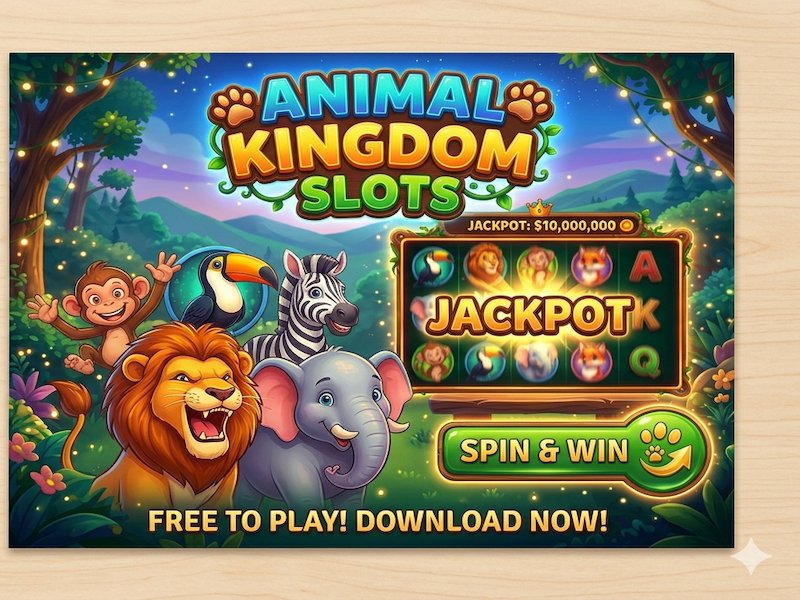 Animal Kingdom Slots jungle game art with jackpot screen